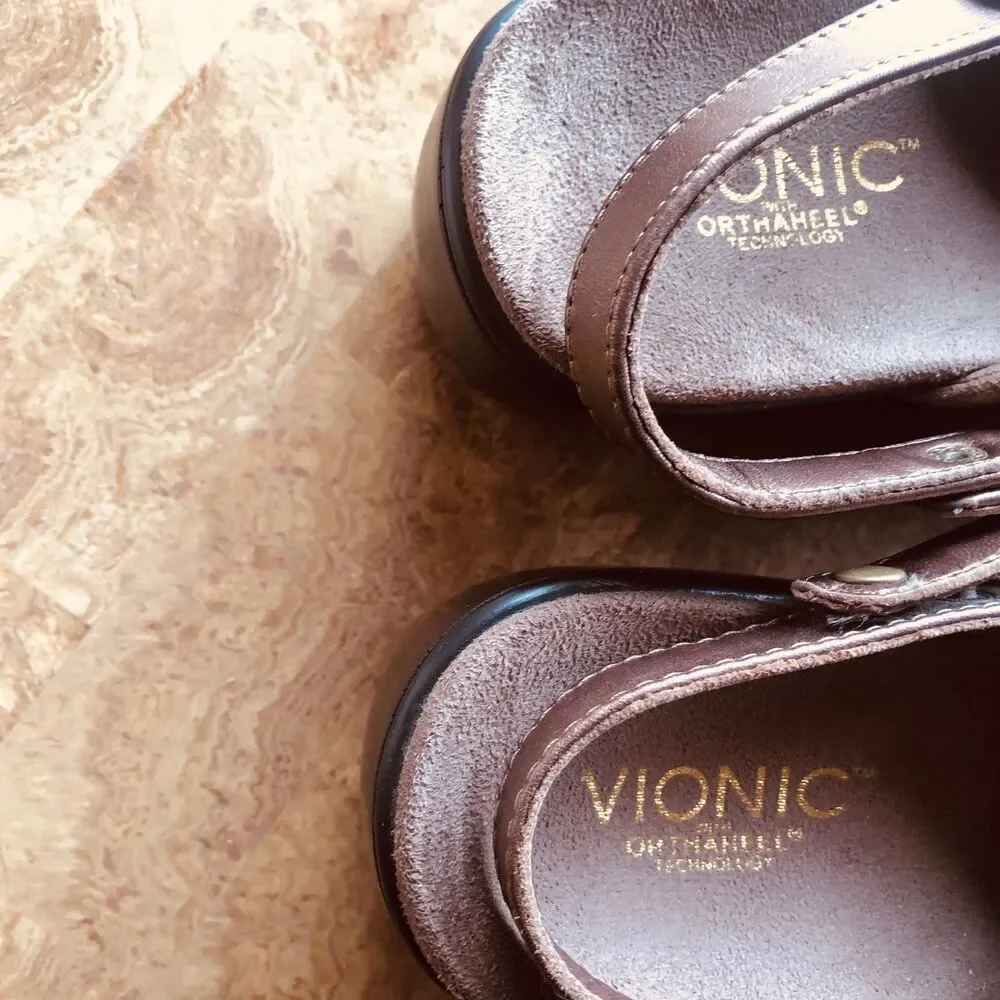 Vionic Adelaide Orthoheel Wedge Mule Slingback  Size 9 Camel Suede Gold Strap
